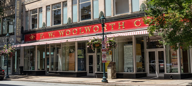 Front view of the FW Woolworth Building in Greensboro, North Carolina